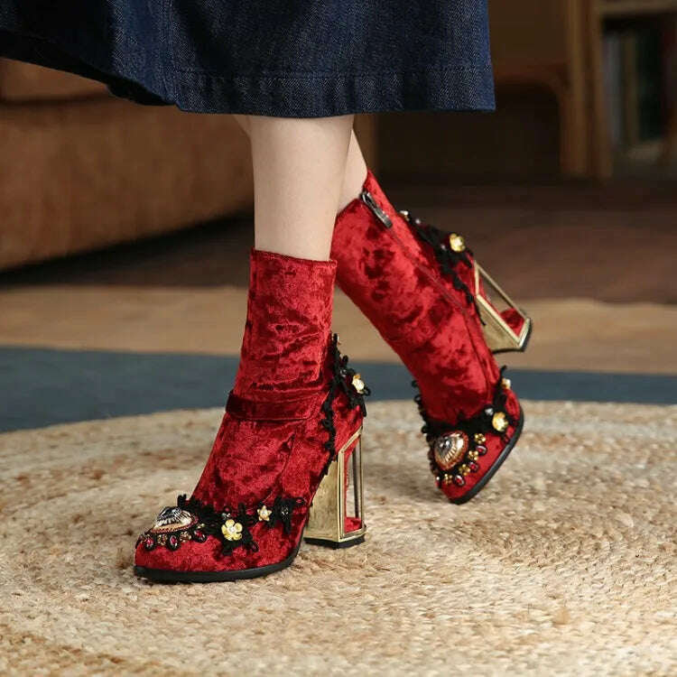 Pearl/Rhinestone Satins Short Boots Waterproof Platform Diamond Decoration Chelsea Short Boots Large 34-43 High Heel Women Shoes - KIMLUD