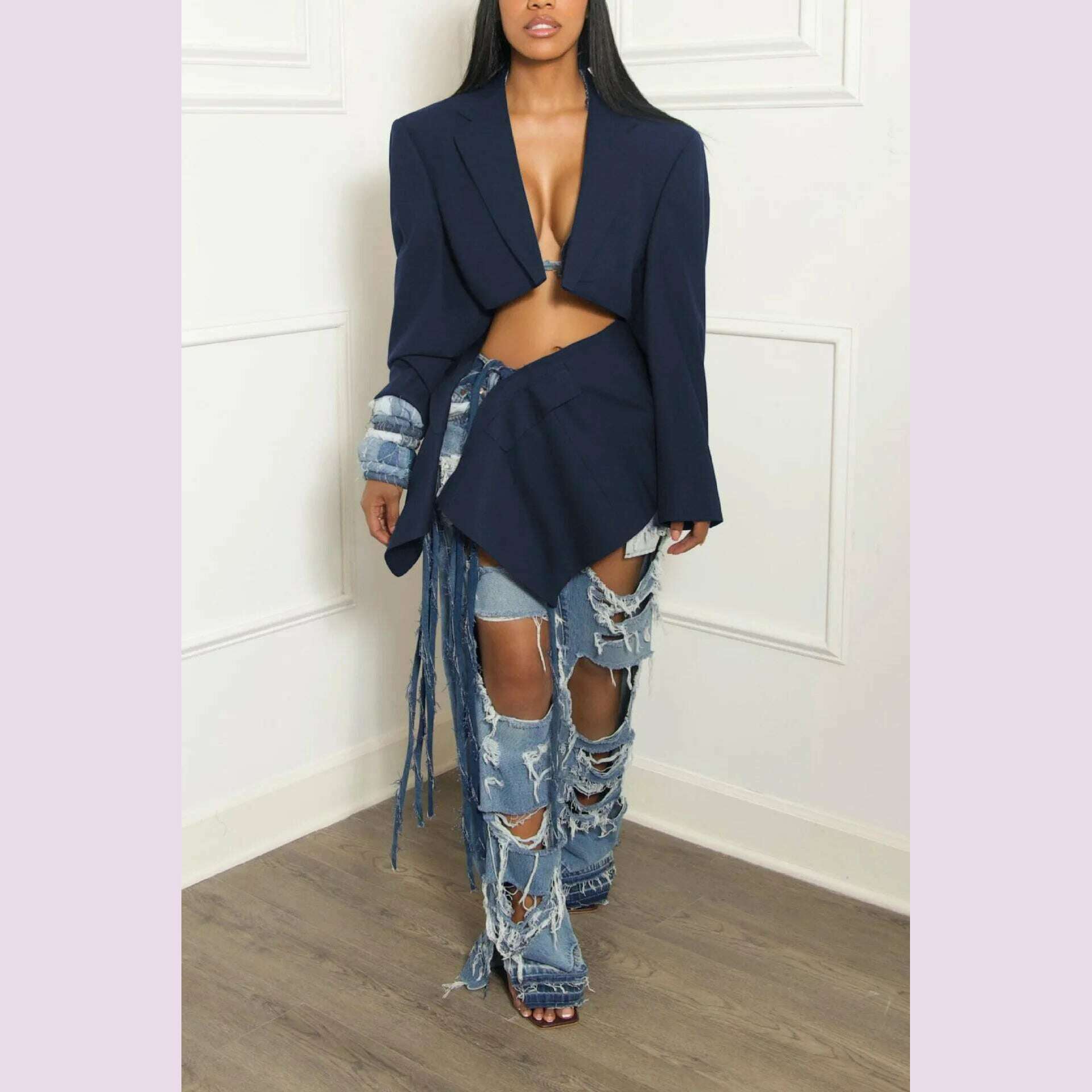 PinePear Women 2024 Autumn New Original Designer Crop Blazer Skirt Sets Denim Bandage Two Piece Outfits - KIMLUD