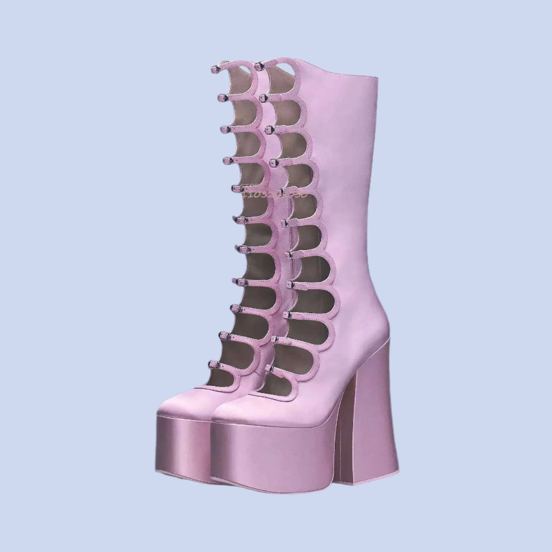 Pink Satin Hollow Belt Buckle Platform Lolita Boots Woman Princess Black Lace Satin Chunky Heel Knee Booties Bright Leather Shoe - KIMLUD