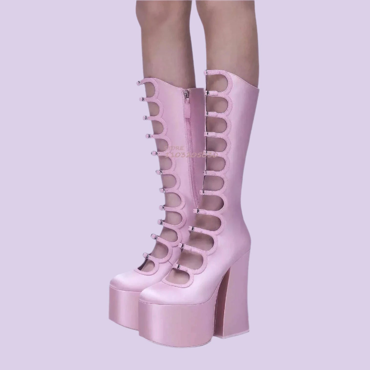 Pink Satin Hollow Belt Buckle Platform Lolita Boots Woman Princess Black Lace Satin Chunky Heel Knee Booties Bright Leather Shoe - KIMLUD