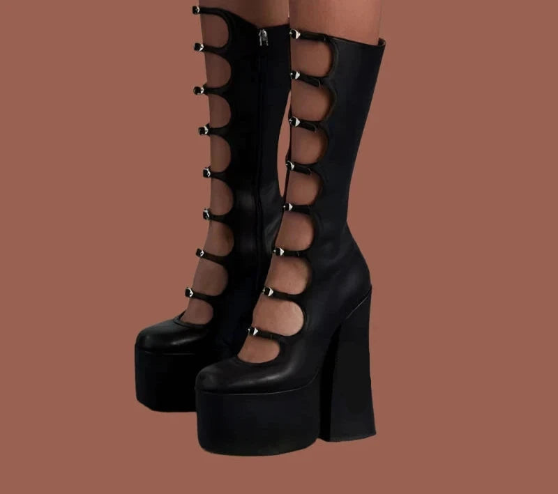 Pink Satin Hollow Belt Buckle Platform Lolita Boots Woman Princess Black Lace Satin Chunky Heel Knee Booties Bright Leather Shoe - KIMLUD