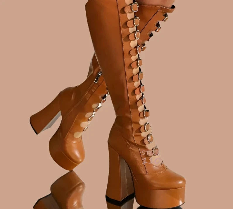 Pink Satin Hollow Belt Buckle Platform Lolita Boots Woman Princess Black Lace Satin Chunky Heel Knee Booties Bright Leather Shoe - KIMLUD