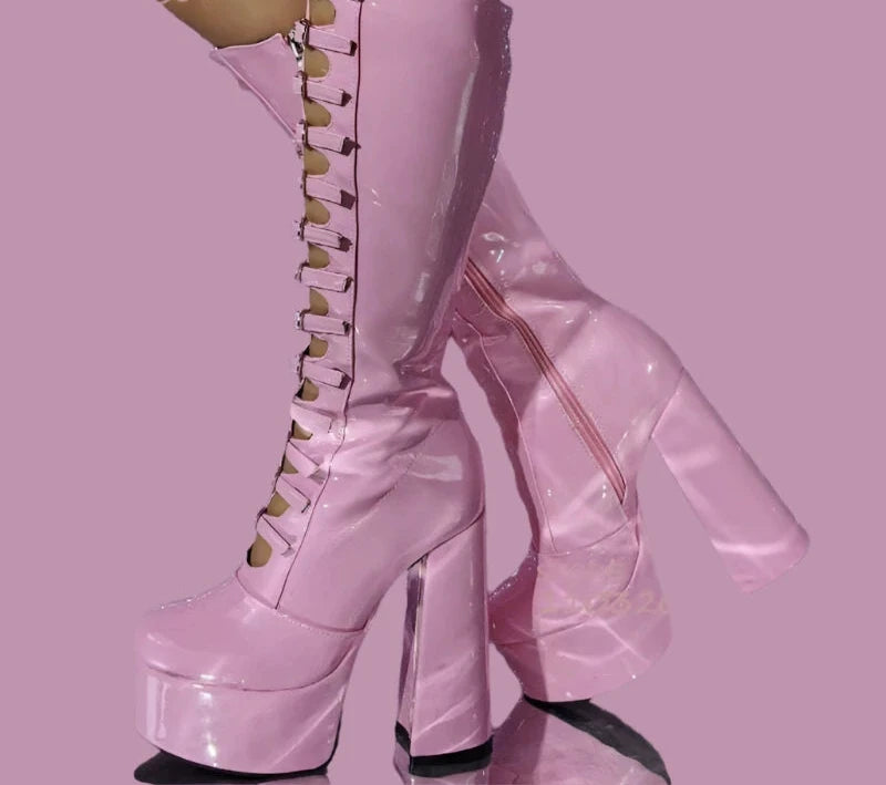 Pink Satin Hollow Belt Buckle Platform Lolita Boots Woman Princess Black Lace Satin Chunky Heel Knee Booties Bright Leather Shoe - KIMLUD