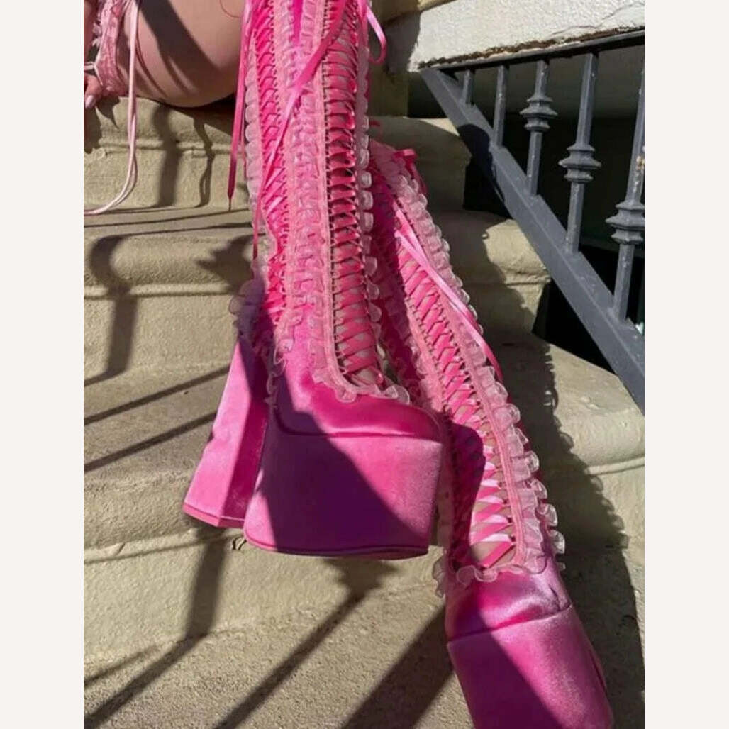 Pink Satin Ruffles Platform Boots Women Chunky Heel Round Toe Lace up Heels Knee High Boots Luxury Lolita Y2k Big Size Shoes - KIMLUD