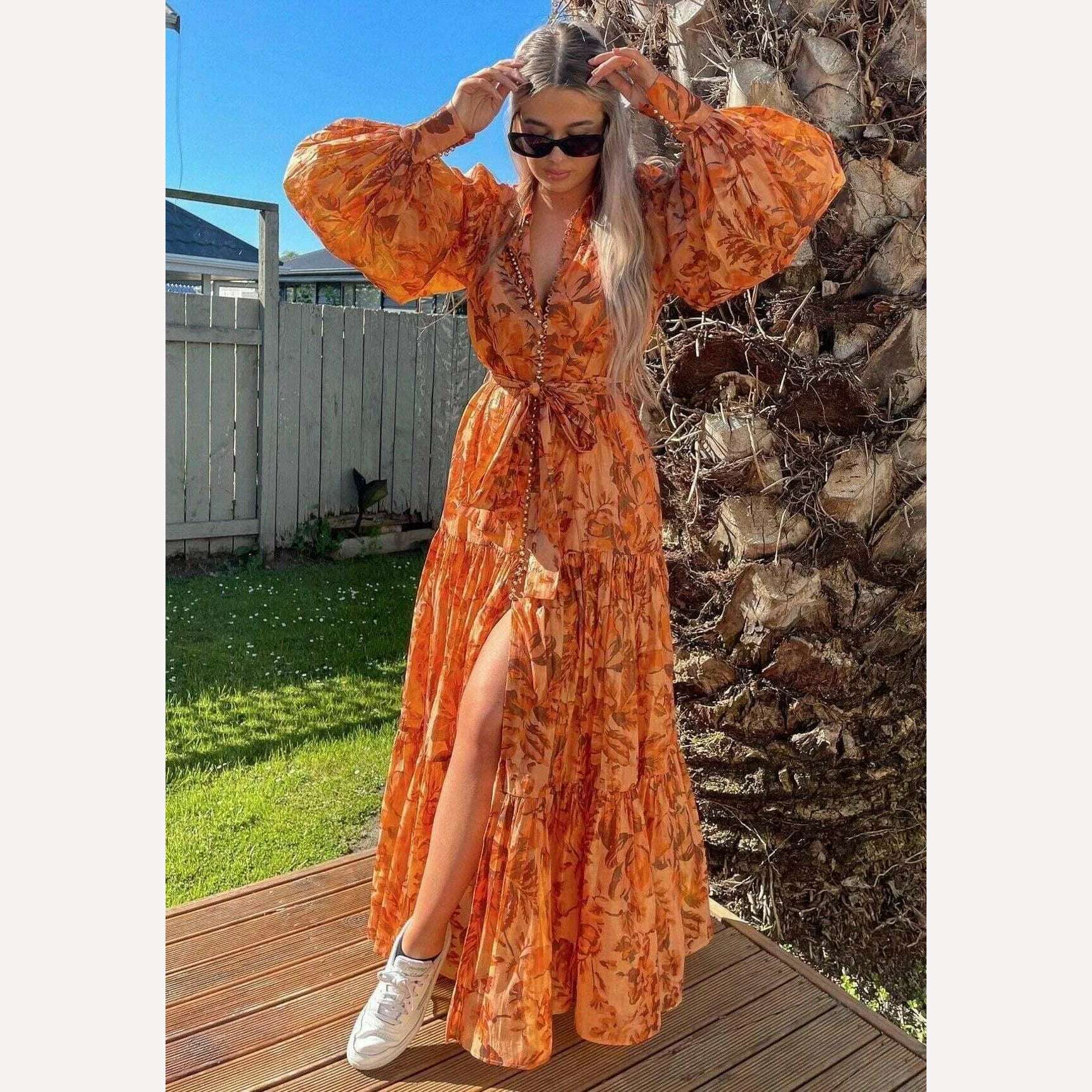 Pinkoz runway designer summer spring orange printed maxi dress single breasted lantern sleeve long party holiday vestidos sashes - KIMLUD