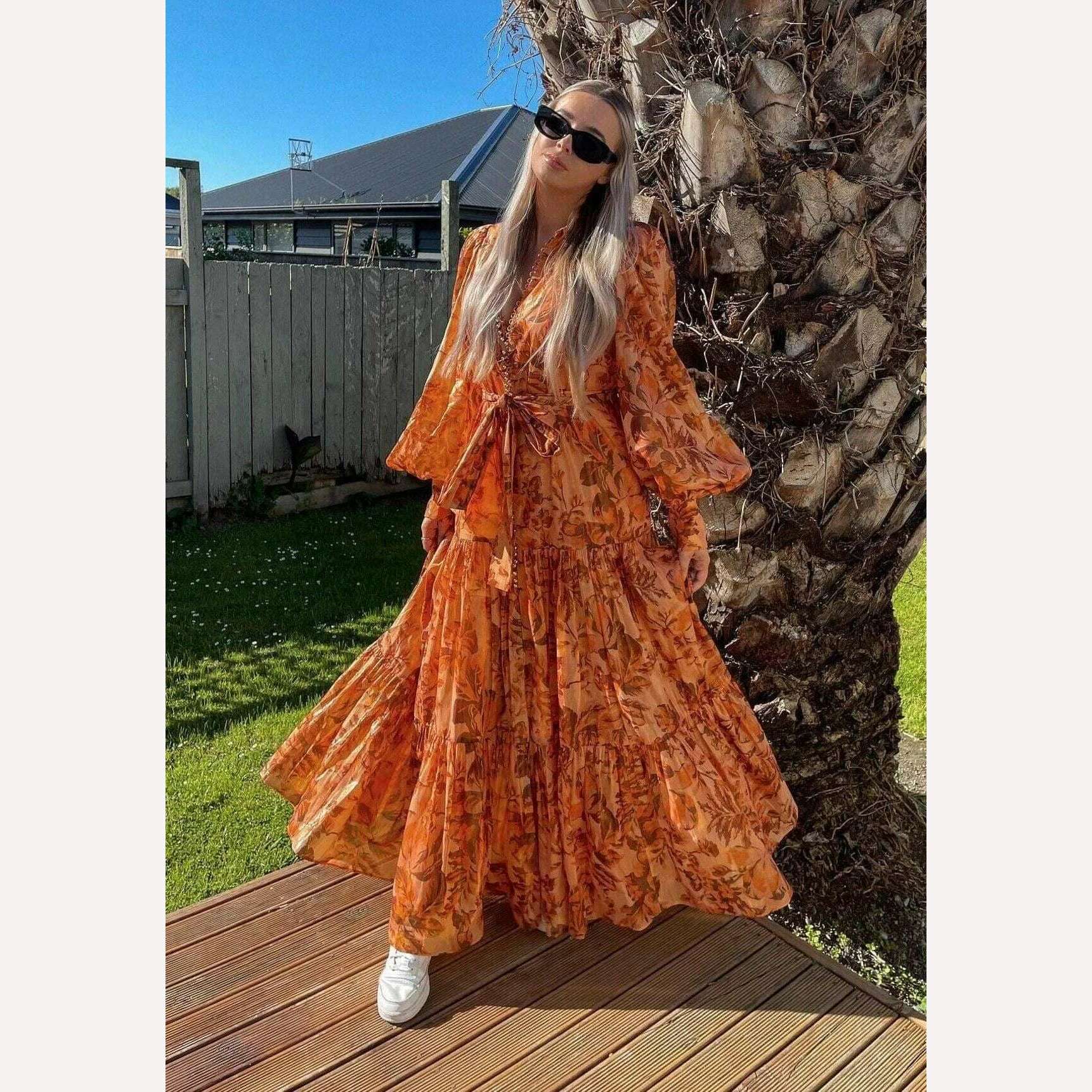 Pinkoz runway designer summer spring orange printed maxi dress single breasted lantern sleeve long party holiday vestidos sashes - KIMLUD