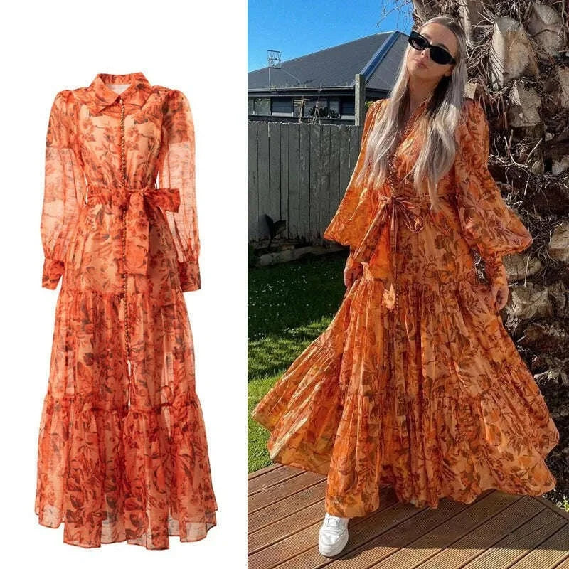 Pinkoz runway designer summer spring orange printed maxi dress single breasted lantern sleeve long party holiday vestidos sashes - KIMLUD