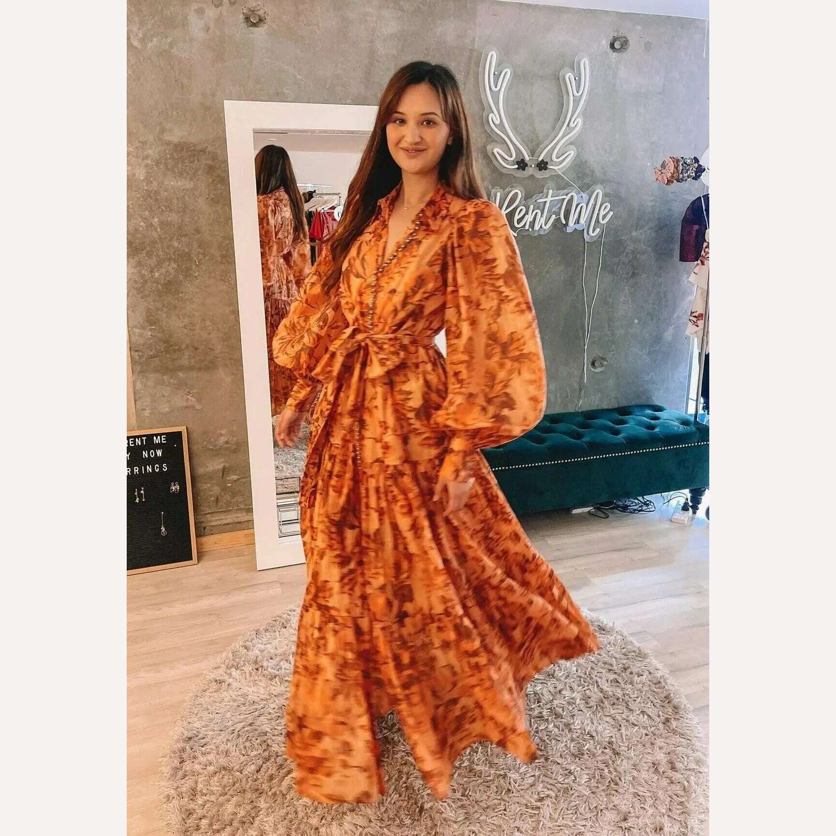 Pinkoz runway designer summer spring orange printed maxi dress single breasted lantern sleeve long party holiday vestidos sashes - KIMLUD