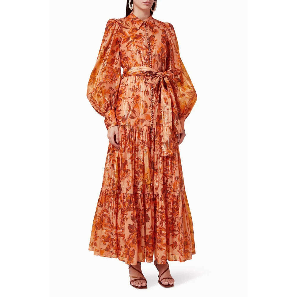 Pinkoz runway designer summer spring orange printed maxi dress single breasted lantern sleeve long party holiday vestidos sashes - KIMLUD