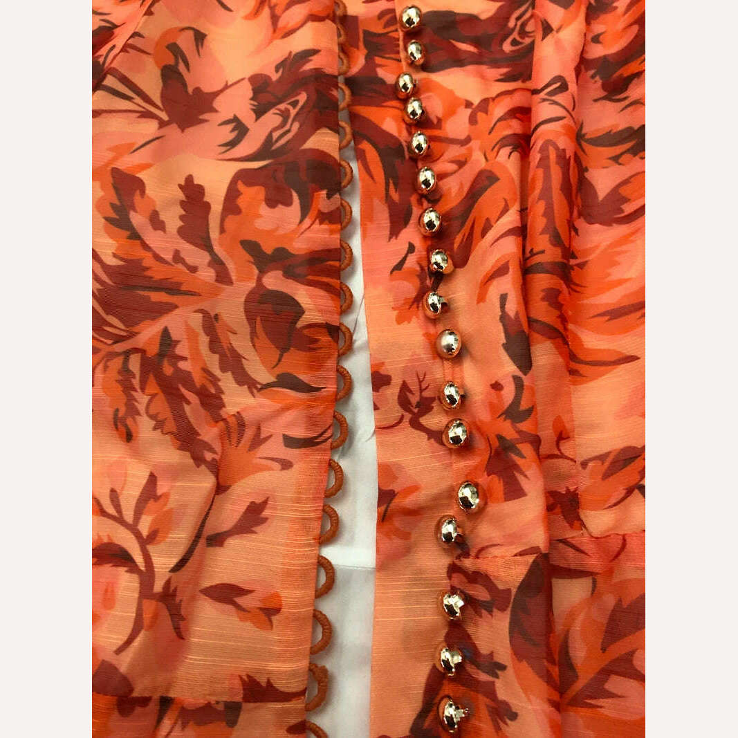 Pinkoz runway designer summer spring orange printed maxi dress single breasted lantern sleeve long party holiday vestidos sashes - KIMLUD