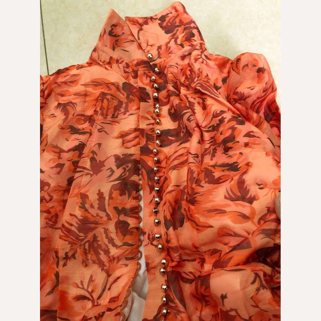 Pinkoz runway designer summer spring orange printed maxi dress single breasted lantern sleeve long party holiday vestidos sashes - KIMLUD