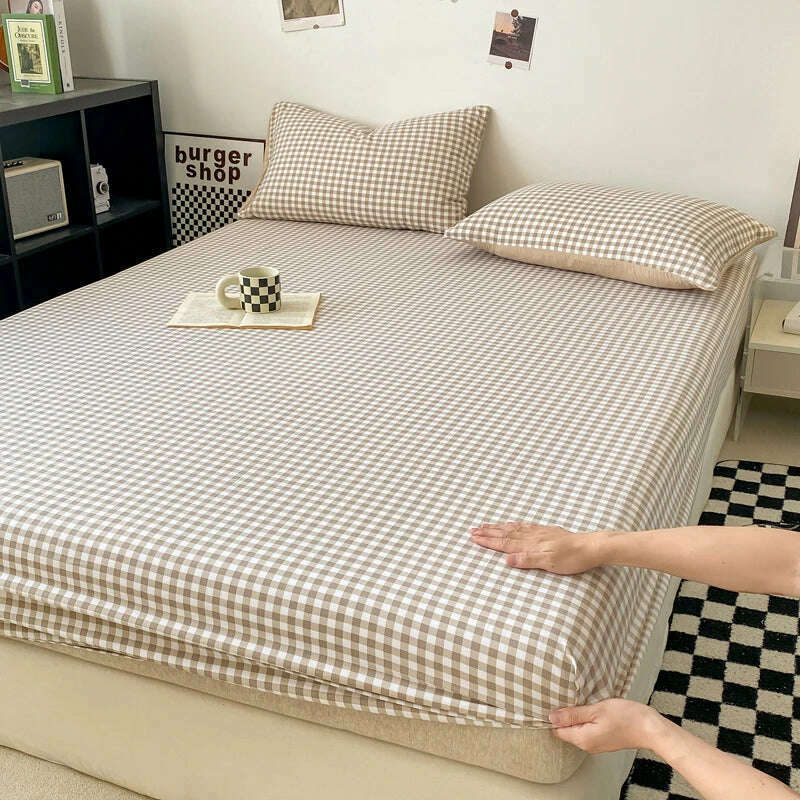 Plaid Style Fitted Sheet Skin-friendly Bed Cover Elastic Bedsheet for Girls Boys Room couvre lit Home Bed Linen(No Pillowcase) - KIMLUD