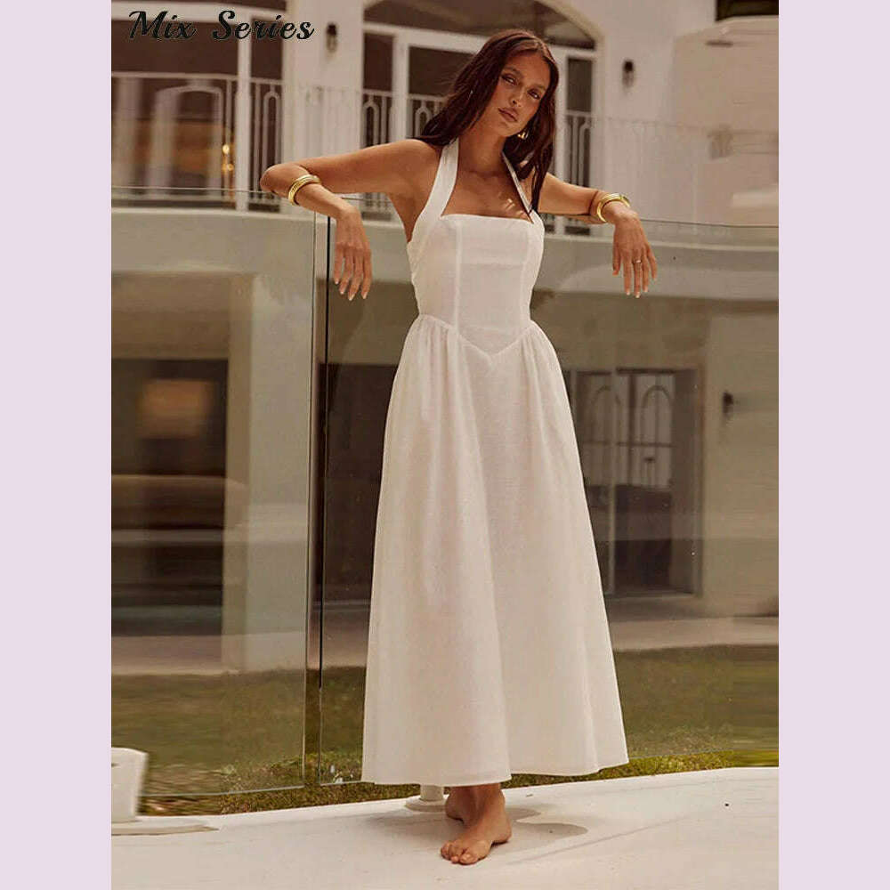 Pleated Halter Spaghetti Strap Dress Women Solid Backless Zip Midi Dresses 2024 Spring Summer Female Casual Streetwear Vestido - KIMLUD