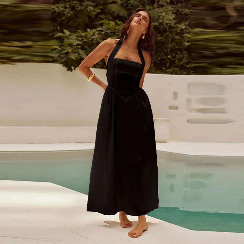 Pleated Halter Spaghetti Strap Dress Women Solid Backless Zip Midi Dresses 2024 Spring Summer Female Casual Streetwear Vestido - KIMLUD