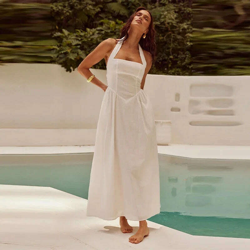 Pleated Halter Spaghetti Strap Dress Women Solid Backless Zip Midi Dresses 2024 Spring Summer Female Casual Streetwear Vestido - KIMLUD