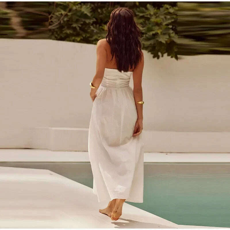 Pleated Halter Spaghetti Strap Dress Women Solid Backless Zip Midi Dresses 2024 Spring Summer Female Casual Streetwear Vestido - KIMLUD