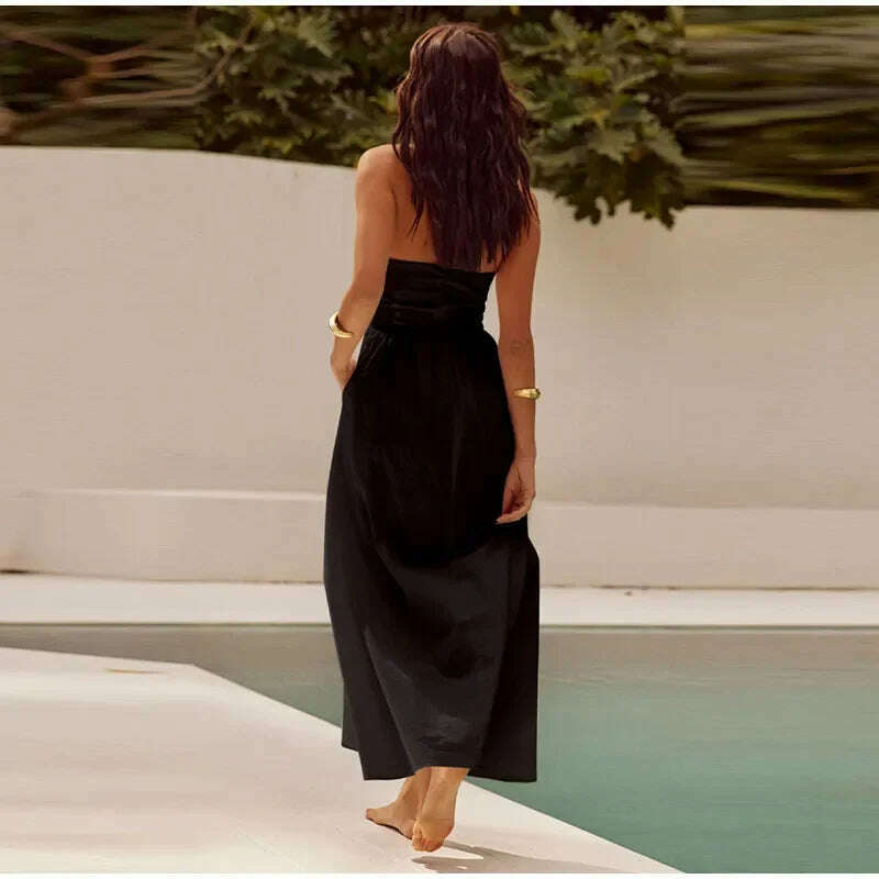 Pleated Halter Spaghetti Strap Dress Women Solid Backless Zip Midi Dresses 2024 Spring Summer Female Casual Streetwear Vestido - KIMLUD