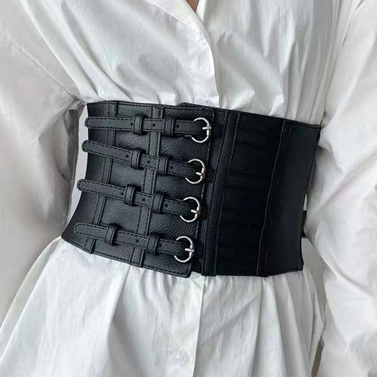 Plus Size Black Leather Wide Y2K Elastic Corset Belt Female Stretch Cummerbunds Designer Belts For Women High Quality Waistband - KIMLUD