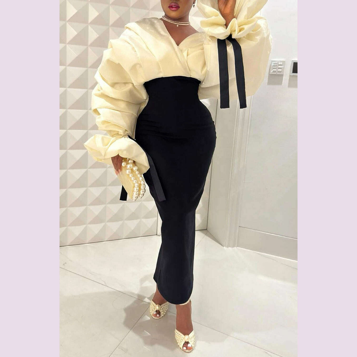 KIMLUD, Plus Size Formal Black Wrap Neck Batwing Sleeve Long Sleeve Fold Maxi Dresses, KIMLUD Womens Clothes