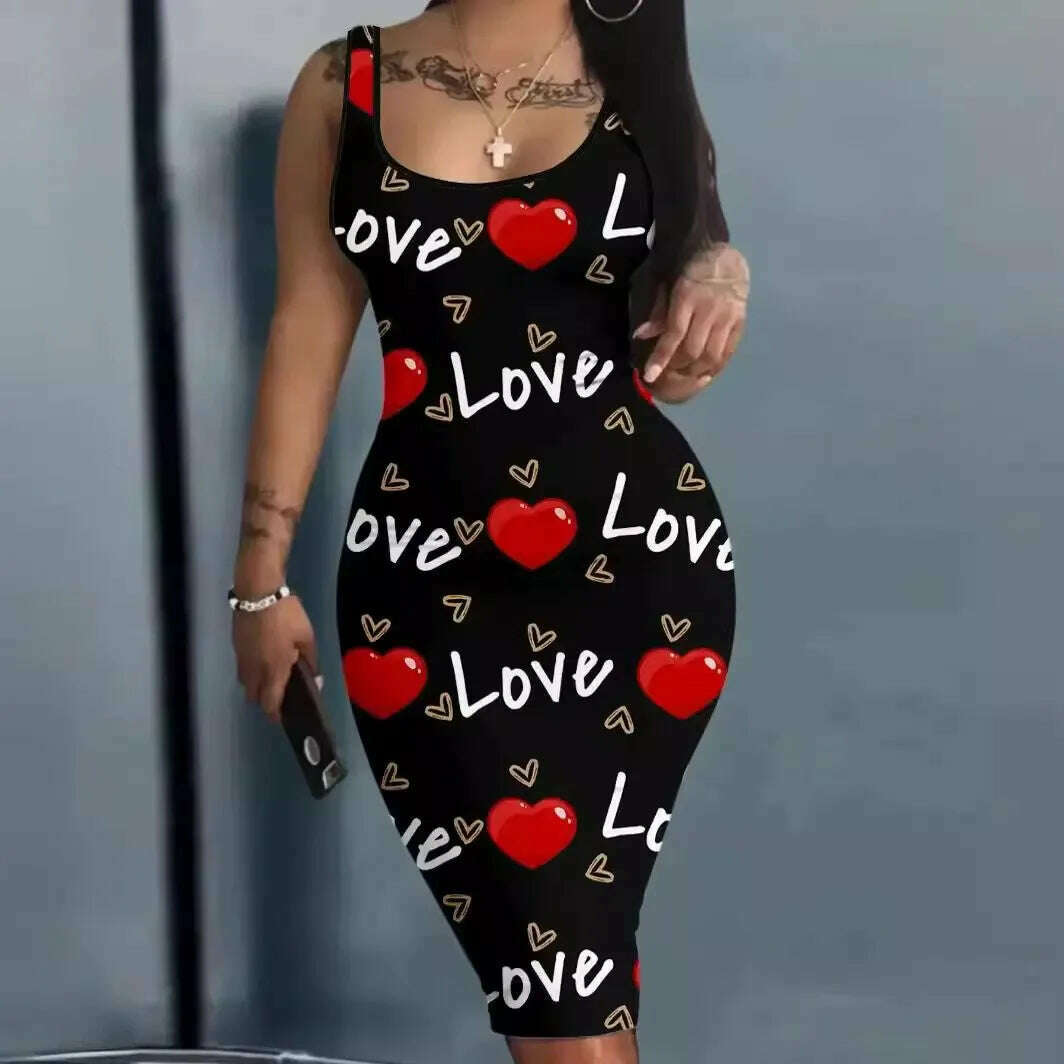 KIMLUD, Plus Size Summer Women's Dresses  Fashion Contrast Heart Print U-Neck Sleeveless Casual Bodycon  Mini Dress, KIMLUD Womens Clothes