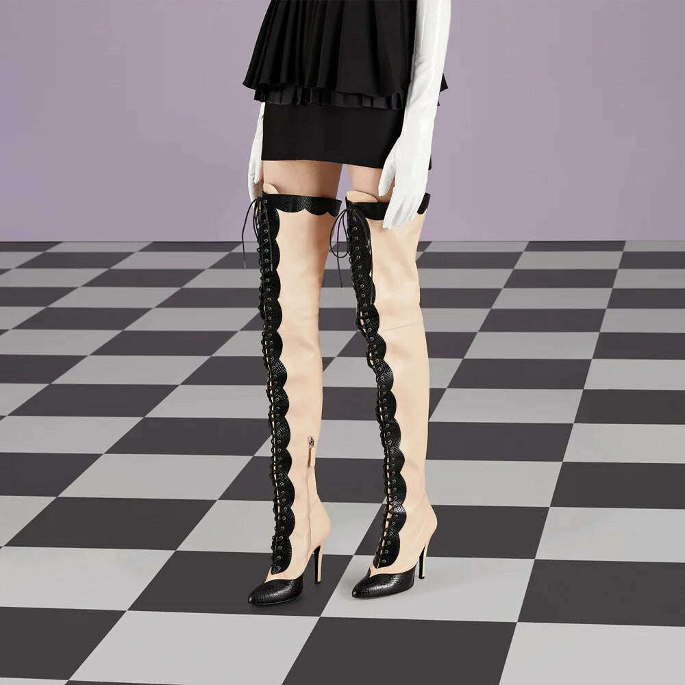Pointed Toe Lace Up Over The Knee Boots Stiletto Heels Front Cross Straps Sexy Elegance Women Party Dress Walk Show Shoes Winter - KIMLUD