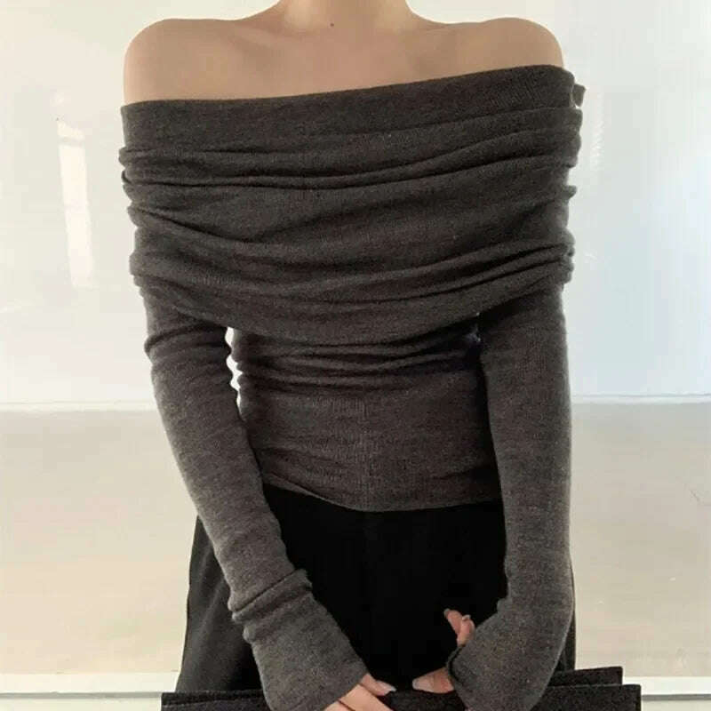 Autumn Sexy Women Long Sleeve Sweater Solid Knit Slash Neck Sweater Slim Off Shoulder Thin Pullovers Casual Office Topsv Winter - KIMLUD