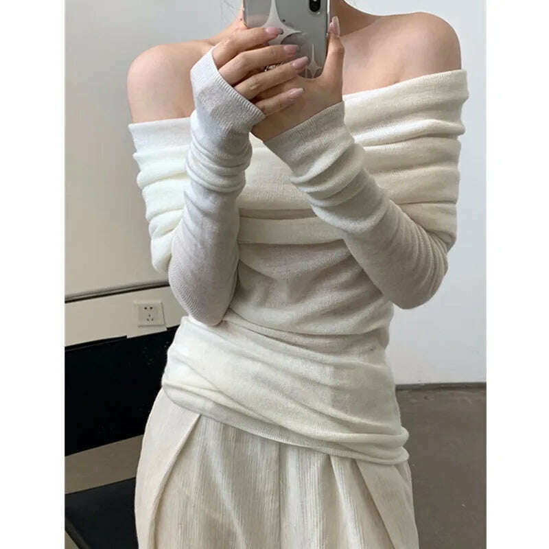 HELIAR Women Slash Neck Sweater Long Sleeve Knitwear Solid Off Shoulder Autumn Thin Pullovers Office Lady Elegant Tops - KIMLUD