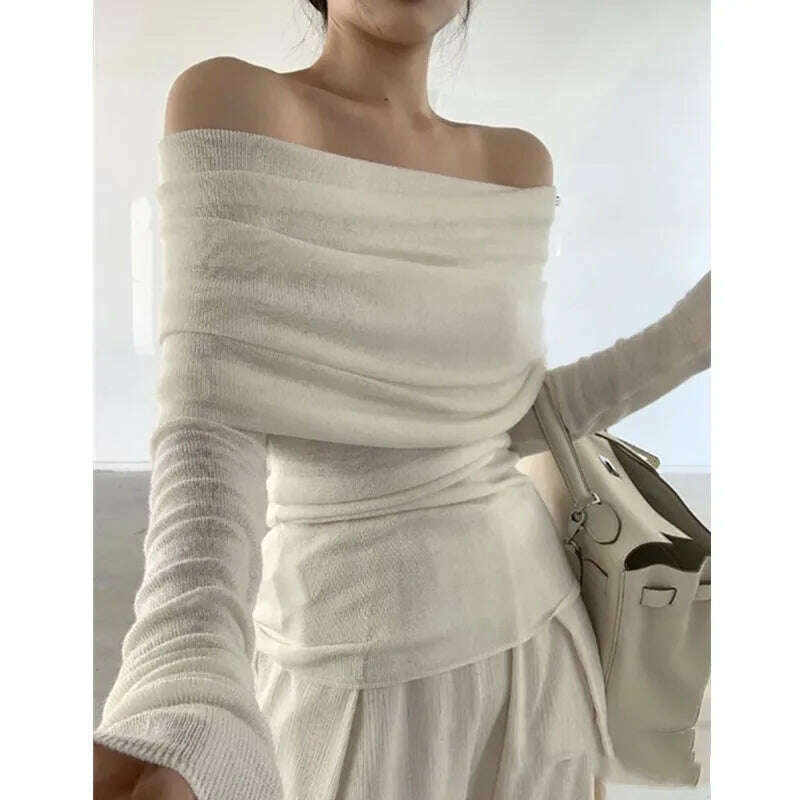 HELIAR Women Slash Neck Sweater Long Sleeve Knitwear Solid Off Shoulder Autumn Thin Pullovers Office Lady Elegant Tops - KIMLUD