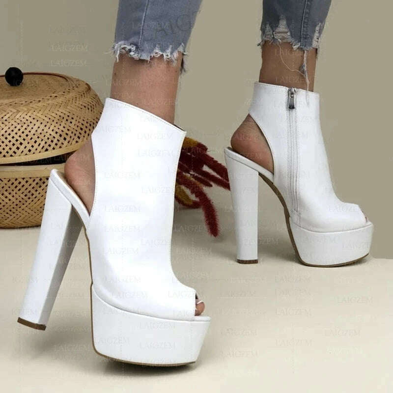 LAIGZEM Women Pumps Peep Toe Platform Faux Leather Thick High Heels Sandals Side Zip Up Ladies Shoes Woman Plus Size 39 41 45 52 - KIMLUD