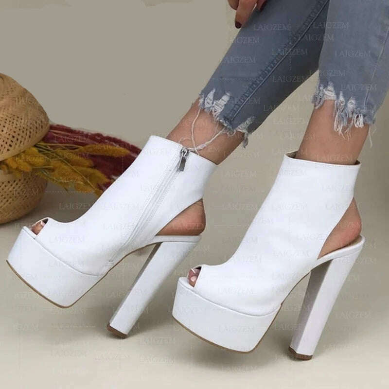 LAIGZEM Women Pumps Peep Toe Platform Faux Leather Thick High Heels Sandals Side Zip Up Ladies Shoes Woman Plus Size 39 41 45 52 - KIMLUD