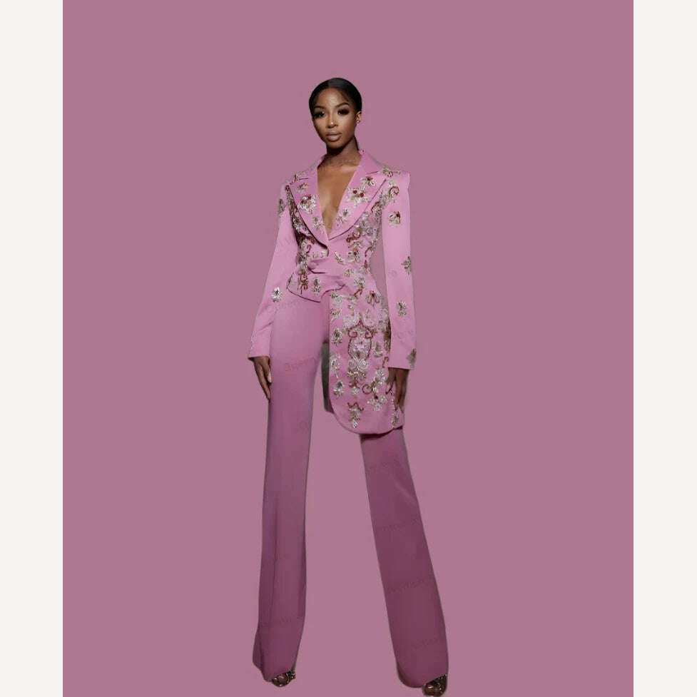 Pink Women Suits Office Set Blazer+Pants Mother of the Guest Dresses Irregular Hem Applique Beads Jacket 2 Pieces Custom Made - KIMLUD