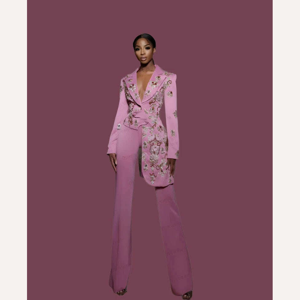 Pink Women Suits Office Set Blazer+Pants Mother of the Guest Dresses Irregular Hem Applique Beads Jacket 2 Pieces Custom Made - KIMLUD