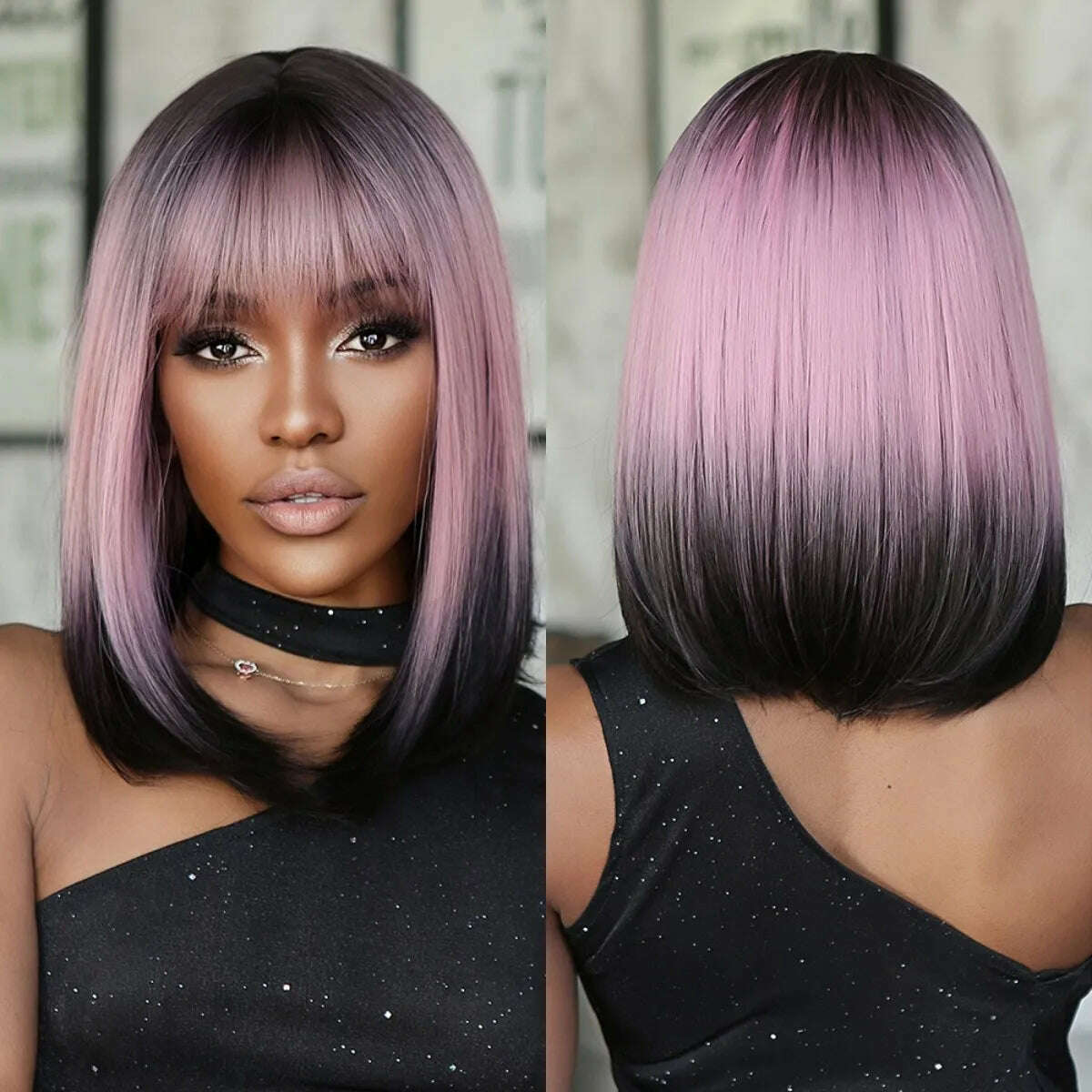 KIMLUD, Purple Pink Ombre Black Short Straight Synthetic Wigs with Bangs Bob Wig for Women Daily Cosplay Party Heat Resistant Fake Hairs, KIMLUD Womens Clothes