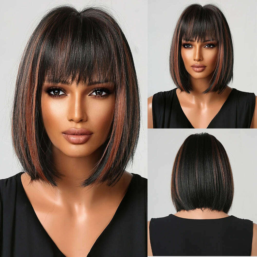 Purple Pink Ombre Black Short Straight Synthetic Wigs with Bangs Bob Wig for Women Daily Cosplay Party Heat Resistant Fake Hairs - KIMLUD