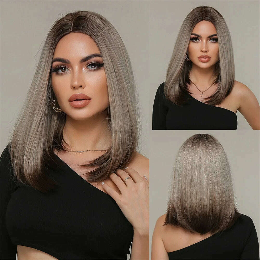 Purple Pink Ombre Black Short Straight Synthetic Wigs with Bangs Bob Wig for Women Daily Cosplay Party Heat Resistant Fake Hairs - KIMLUD