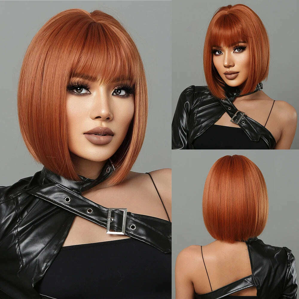 Purple Pink Ombre Black Short Straight Synthetic Wigs with Bangs Bob Wig for Women Daily Cosplay Party Heat Resistant Fake Hairs - KIMLUD