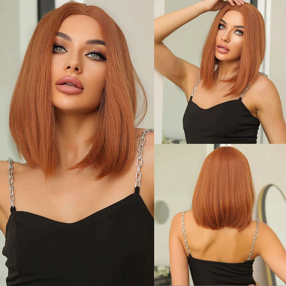 Purple Pink Ombre Black Short Straight Synthetic Wigs with Bangs Bob Wig for Women Daily Cosplay Party Heat Resistant Fake Hairs - KIMLUD