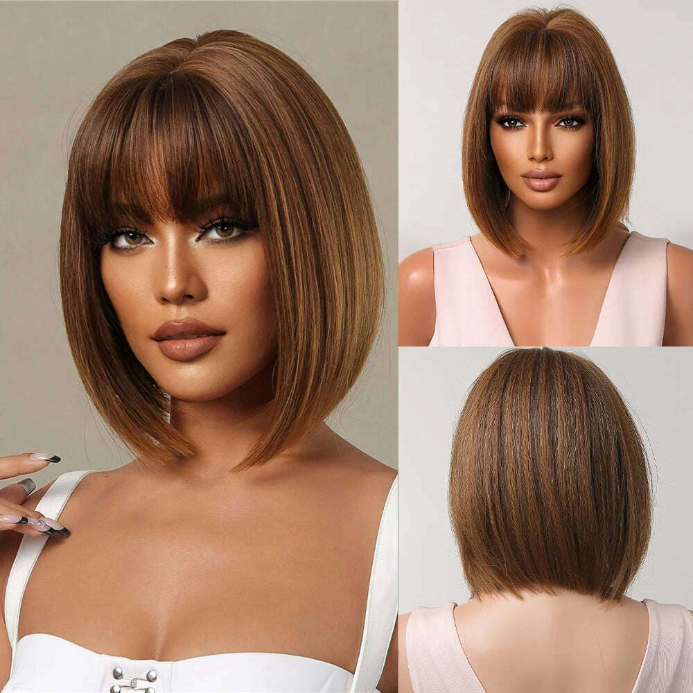 Purple Pink Ombre Black Short Straight Synthetic Wigs with Bangs Bob Wig for Women Daily Cosplay Party Heat Resistant Fake Hairs - KIMLUD