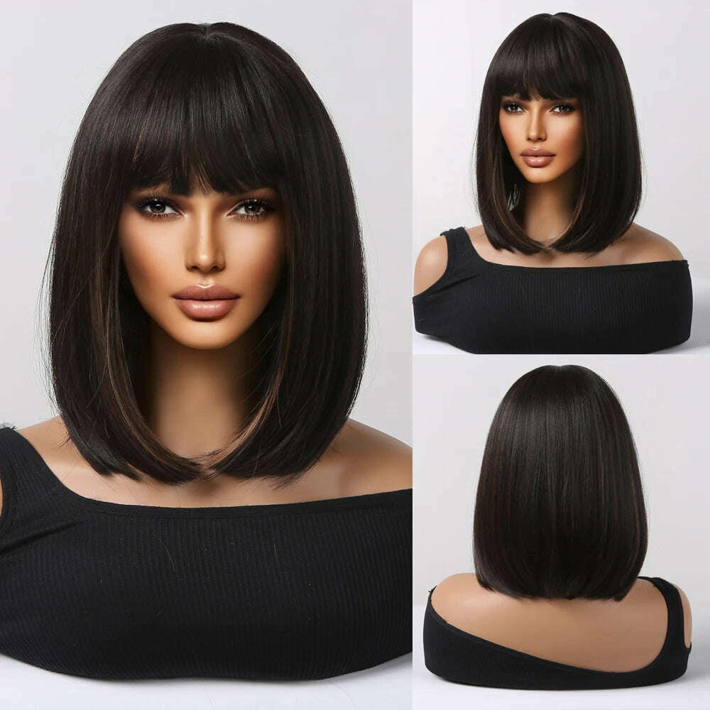 Purple Pink Ombre Black Short Straight Synthetic Wigs with Bangs Bob Wig for Women Daily Cosplay Party Heat Resistant Fake Hairs - KIMLUD