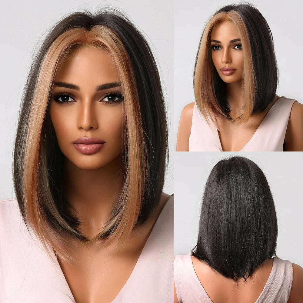 Purple Pink Ombre Black Short Straight Synthetic Wigs with Bangs Bob Wig for Women Daily Cosplay Party Heat Resistant Fake Hairs - KIMLUD
