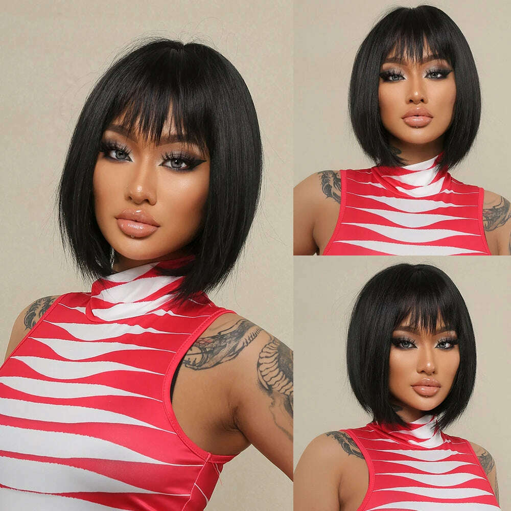 Purple Pink Ombre Black Short Straight Synthetic Wigs with Bangs Bob Wig for Women Daily Cosplay Party Heat Resistant Fake Hairs - KIMLUD