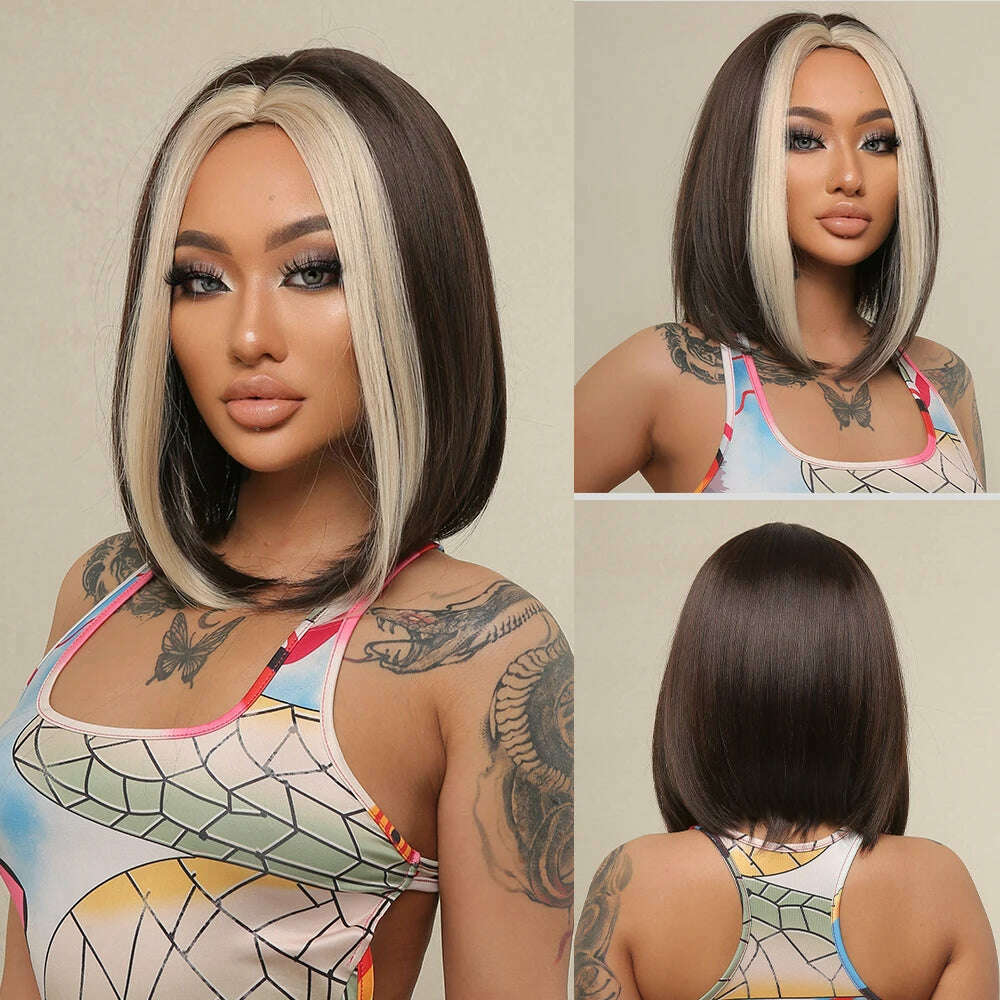 Purple Pink Ombre Black Short Straight Synthetic Wigs with Bangs Bob Wig for Women Daily Cosplay Party Heat Resistant Fake Hairs - KIMLUD