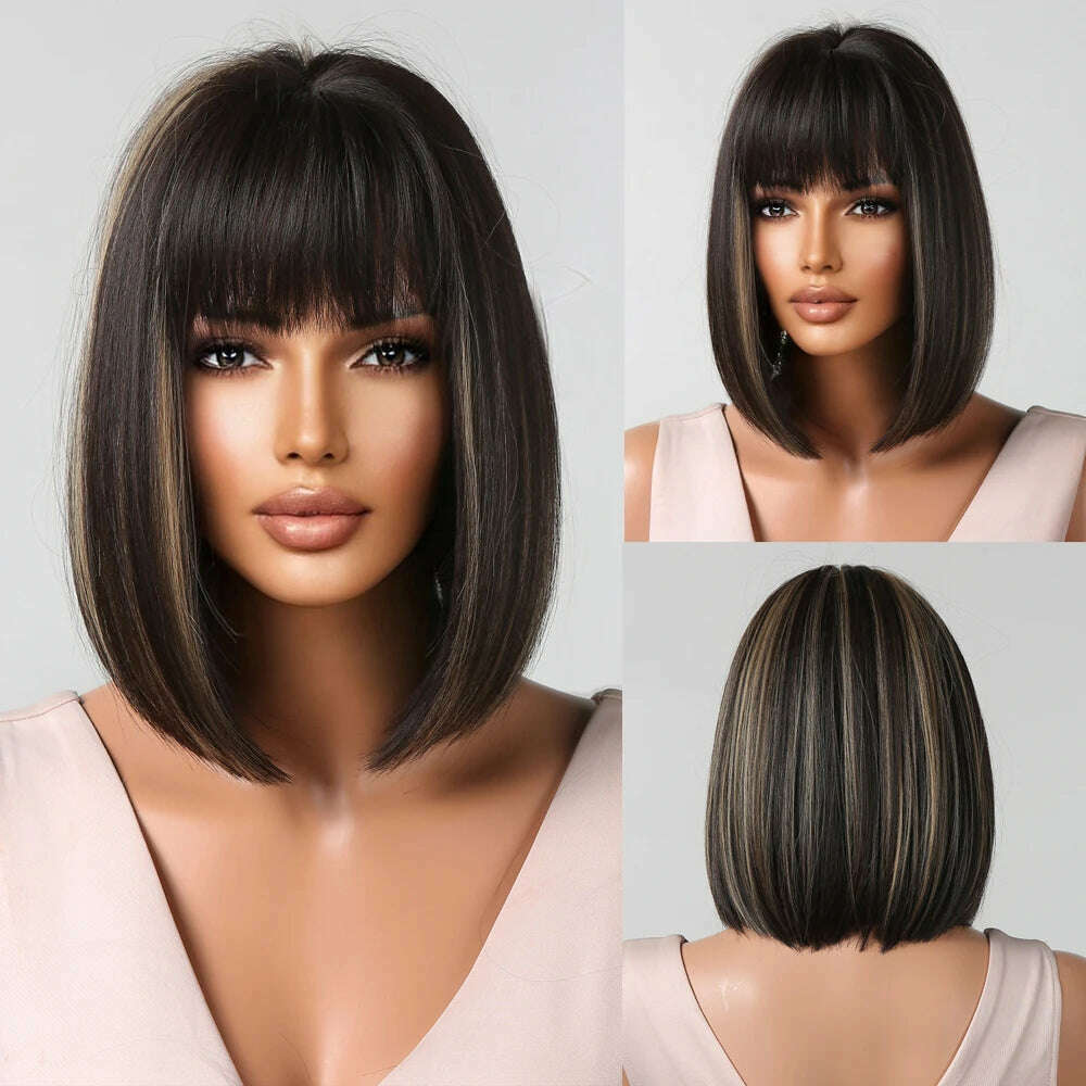Purple Pink Ombre Black Short Straight Synthetic Wigs with Bangs Bob Wig for Women Daily Cosplay Party Heat Resistant Fake Hairs - KIMLUD