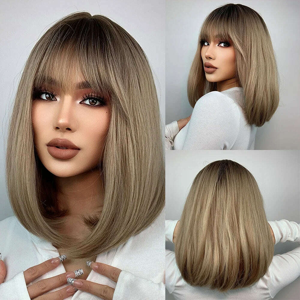 Purple Pink Ombre Black Short Straight Synthetic Wigs with Bangs Bob Wig for Women Daily Cosplay Party Heat Resistant Fake Hairs - KIMLUD