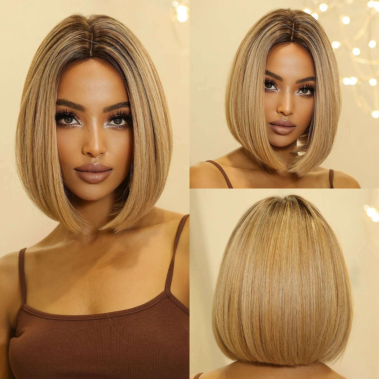 Purple Pink Ombre Black Short Straight Synthetic Wigs with Bangs Bob Wig for Women Daily Cosplay Party Heat Resistant Fake Hairs - KIMLUD