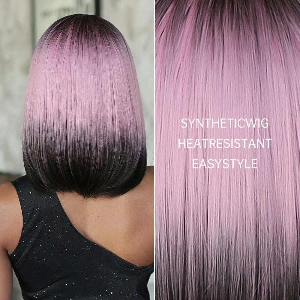 Purple Pink Ombre Black Short Straight Synthetic Wigs with Bangs Bob Wig for Women Daily Cosplay Party Heat Resistant Fake Hairs - KIMLUD