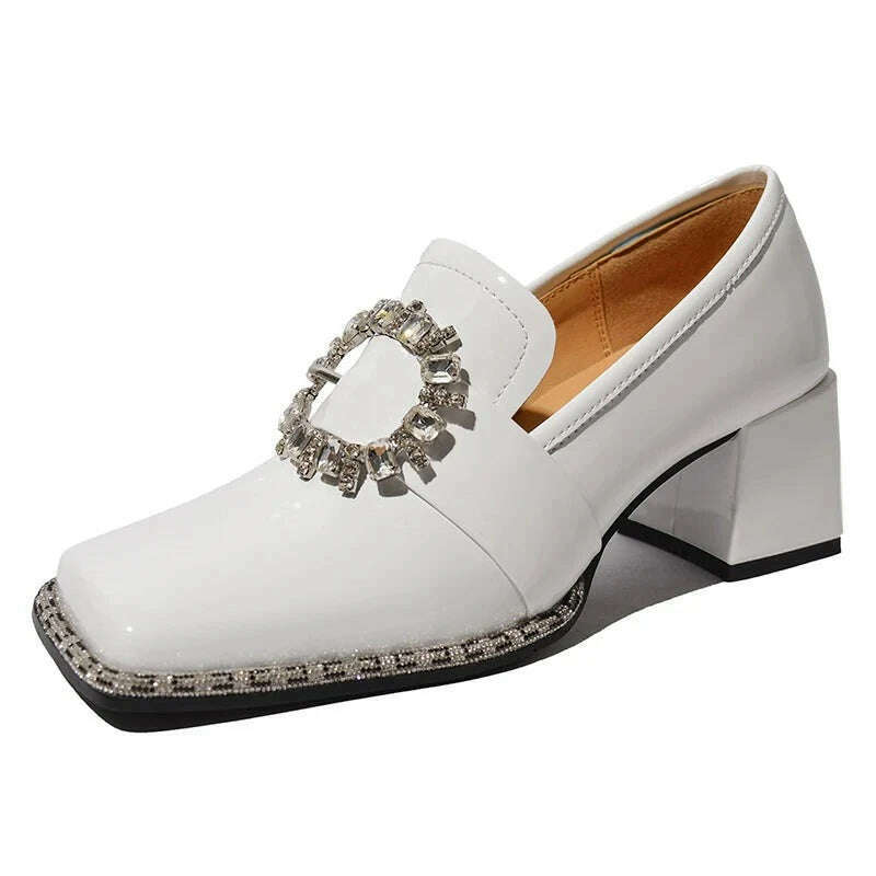 PRXDONG New Arrivals Genuine Leather Spring Summer Women Pumps Square Med Heel Crystal Black White Dress Party Office Lady Shoes - KIMLUD