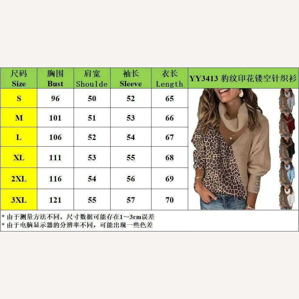 Pullovers Women Sweaters 2021 New Winter Leopard Color Matching v-neck Loose Collar hollow-out Sweater Women Fashion OLN3413 - KIMLUD