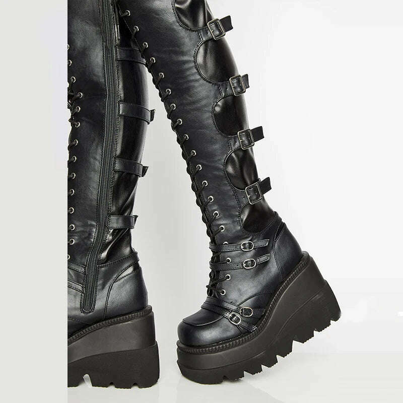 Punk Over-the-knee Boots Women Platform Heels Belt Buckle Boot Motorcycle Goth Shoe Thigh High Flat Boots Plus Size 42 43 - KIMLUD