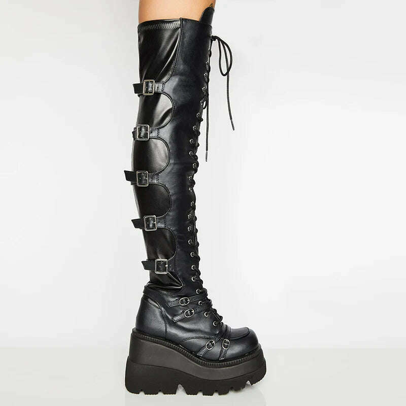 Punk Over-the-knee Boots Women Platform Heels Belt Buckle Boot Motorcycle Goth Shoe Thigh High Flat Boots Plus Size 42 43 - KIMLUD